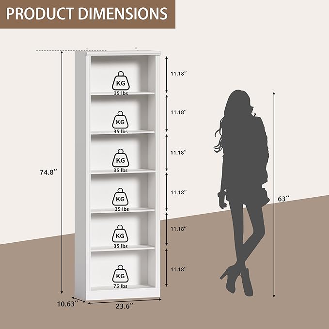 Wodeer Tall Bookshelf, 6-Tier Bookcase with 2 Adjustable Shelves, Modern Farmhouse Storage for Living Room, Entryway, Office, 23.6" W x 74.8" H x 10.6" D, White
