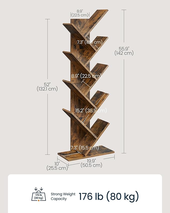 SONGMICS HOME 9 Tier Tree Bookshelf, Bookcase, Small Corner Shelf, Space Saving Book Tree for Home Office, Bedroom, Living Room, Brown