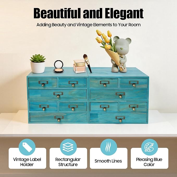 4 Packs Vintage Desktop Apothecary Cabinet with 3 Drawers, Vintage Desktop Organizer Wood Desktops Organizers Stackable Drawers Chest Drawer for Herb Storage Tea Collection Stationery (Blue)