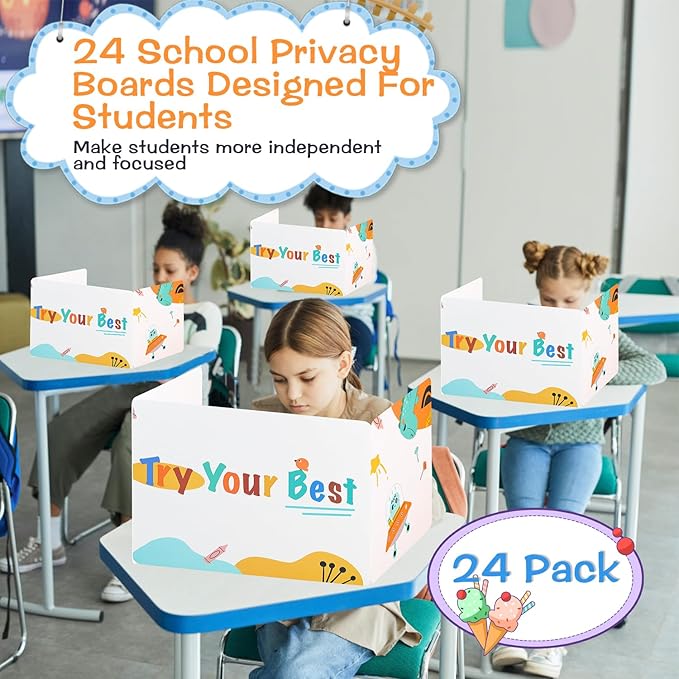 Privacy Boards for Student, 24 Pcs Desk Dividers for Students, Cardboard Privacy Folders, Privacy Shield Folder Boards, Classroom Divider Shield for School Teachers Home (Try Your Best, 24)