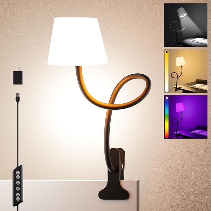 Clip on Light, Reading Light for Bed, RGB Lamp, Dimmable Desk Lamp with Clamp, College Dorm Room Essentials, Cute Bedside Night Light for Kids Headboard, Adapter Included Black