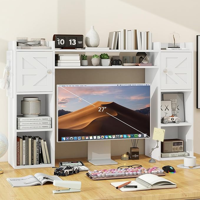 ELECWISH Desktop Bookshelf, Desk Hutch with Drawer for Computer Desk, 45.3" 8-Tier Adjustable Desktop Shelf Organizer with Pegboard for Home Office, Oak