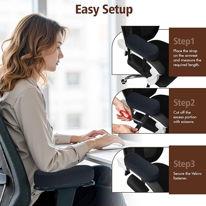 WdFour 2-Pack Non-Slip Armrest Pads for Office & Gaming Chairs - Ergonomic Forearm Support Pillow for Desk, Computer & Wheelchair, Pressure Relief Cushions (Black)