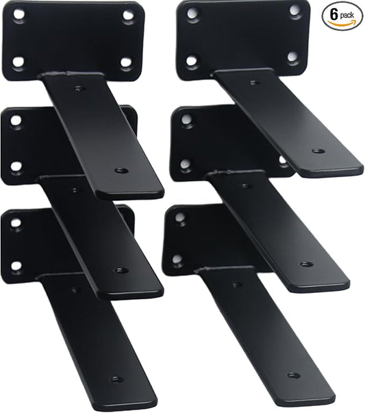 6 Pack - 7 inch Black Hidden L Shelf Bracket (1/5 Inch Thicked) Iron Floating Shelf Brackets Rustic Industrial Metal Brackets for Shelf Support
