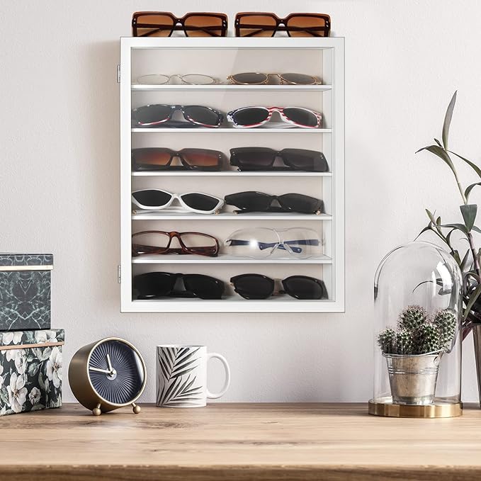 TJ.MOREE Sunglasses Organizer Storage Wall Mounted: 13 x 15.6 inches Eyewear Display Case 6 Tier Rustic Wood Eyeglasses Holder Large Glasses Storage Box, White