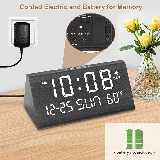 DreamSky Digital Alarm Clocks for Bedrooms - Wooden Desk Clock with Date, Day of Week, USB Port, Temperature, Dimmer for Bedside Table, Living Room, Office, Adjustable Volume, Auto DST, Wood Decor