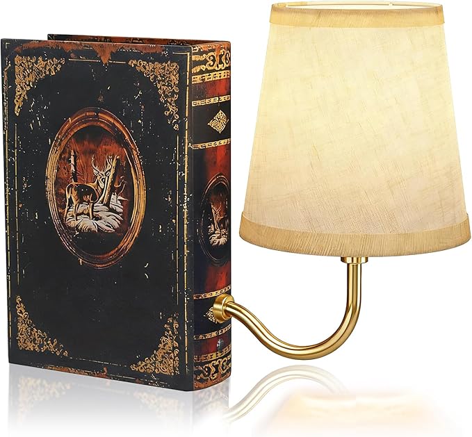 Gold Warm Light Vintage Bookshelf Lamp Rechargeable, Cordless Bookcase Lamp with Linen Shade, Dimmable Touch Control Table Lamp, Modern Decorative Bookend, Bookshelf Lights for Office Home