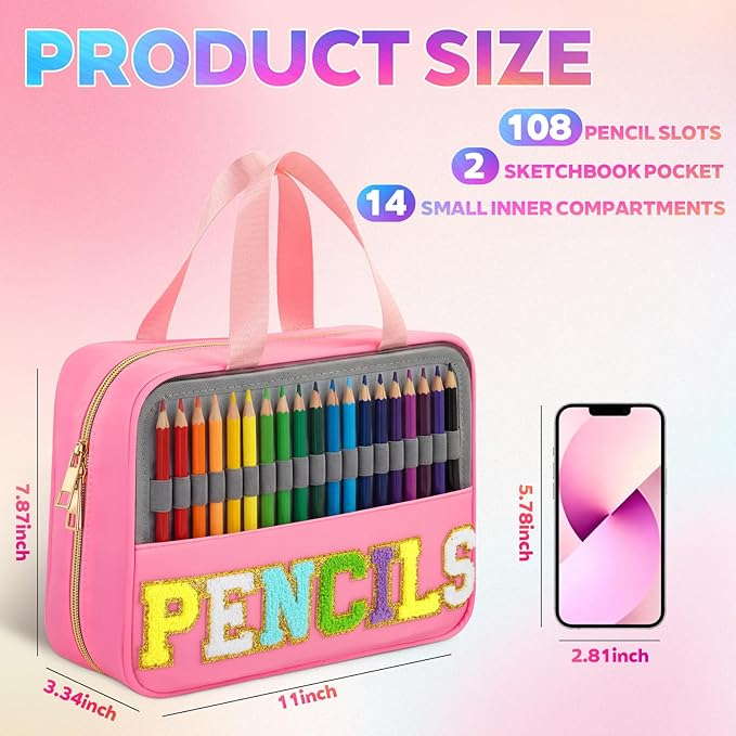 Hillban 108 Slots Large Colored Pencil Case with Chenille Letter Patch Extra Large Capacity Interlayer Pencil Holder Organizer with Handle Zipper Portable Storage Bag Graduation Gift for Artist(Pink)