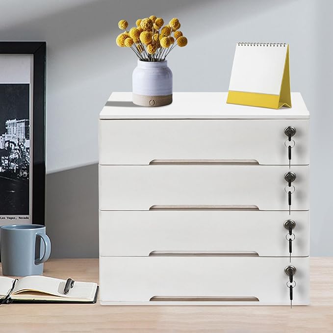 Wooden Desk Organizer with Drawers & Lock, Desktop Countertop Storage Cabinet Lockable Home Office Supplies File Tabletop Organizing Unit (4 Drawer - Modern White)