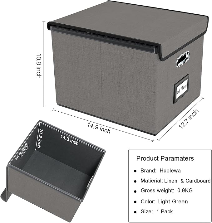 File Organizer Box with Lid, Collapsible File Folder Organizer for Office Document Storage, Filing Box with Plastic Slide for Letter Size Hanging File Folders(1 Pack, Smoky Grey)