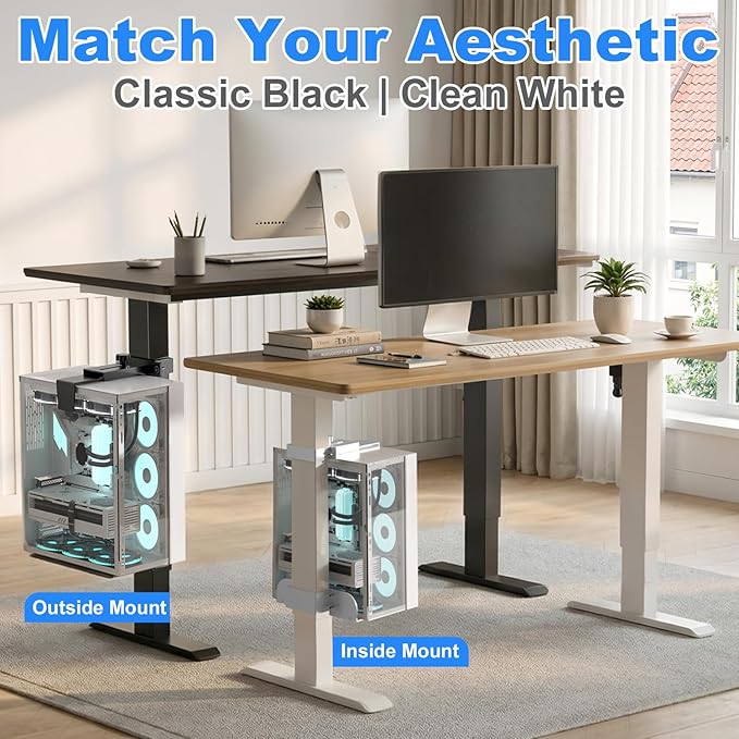 Under Desk PC Mount - No Drilling 40 lb Capacity, Fits 3 Fixed Desk Leg Sizes, CPU Holder Under Desk, Adjustable Clamp-on Desk Leg PC Mount for Standing Desk, with Non-Slip Pads, White