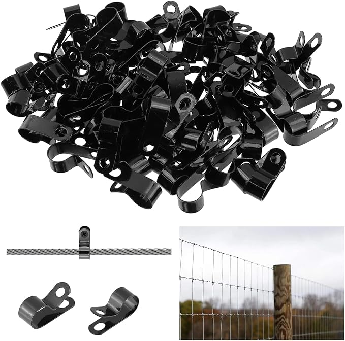 Antrader Fence Wire Clamps, 100Pcs R-Type Agricultural Fencing Mounting Clips, 12mm/0.47" Cable Management Cord Organizer with Screws to Vinyl, Wood or Metal Fence