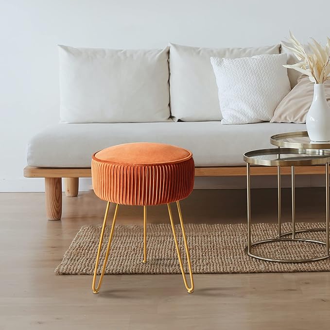 LUE BONA Pleated Vanity Stool, Velvet Upholstered Vanity Stool for Makeup Room, Round Mondern Stool for Vanity, Ottoman Footrest Stool with Metal Legs for Living Room, Bedroom, Pumpkin Brown
