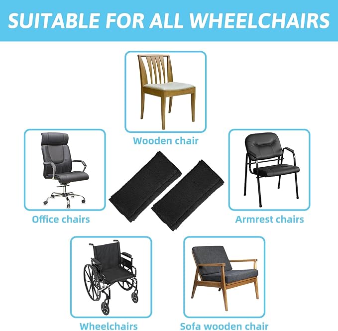 Wheelchair Armrest Covers - Soft Support Cushion Accessories for Wheelchair - Widened Velcro Straps Comfortable and Protective for Wheelchairs, Office Chairs - Comfort Padding Pressure Relief, Black