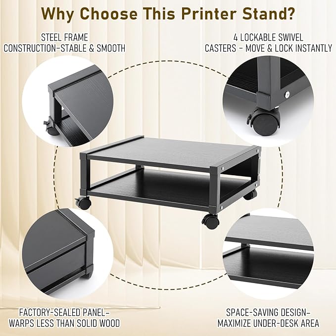 Zonon 2 Tier Printer Stand Under Desk with Lockable Wheels 19.7x15.7x7.9 Inch Rolling Printer Table Cart Under Desk Movable Wood-Based Panel Short Storage Shelf for Home Office Organization