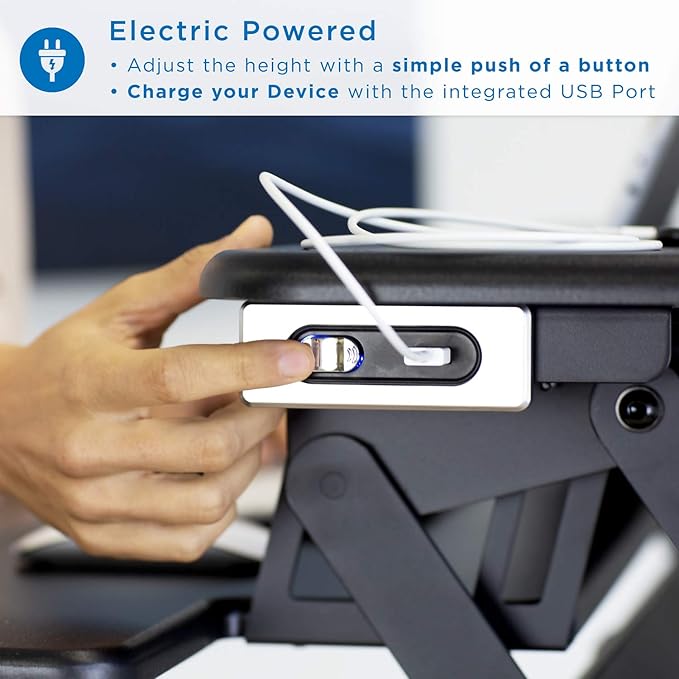 Mount-It! Electric Standing Desk Converter 35.4" Quick Sit Stand Desk Riser, Computer Workstation Motorized Easy Convertor with Built-in USB Charging Port, Ergonomic Height Adjustable in Black