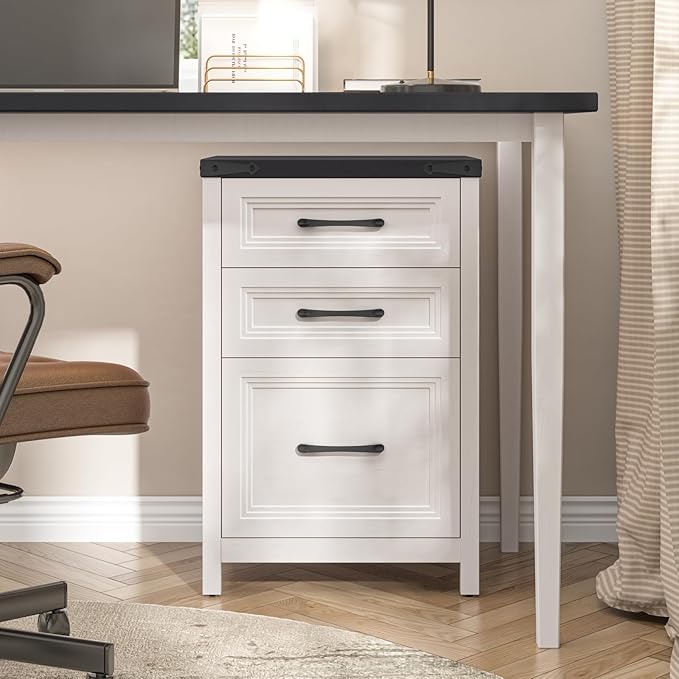 Vabches 3 Drawer Vertical File Cabinet, Wood Farmhouse Filing Cabinet Fits A4/Letter Size, Under Desk Small File Cabinets Printer Stand with Storage for Home Office, White and Black