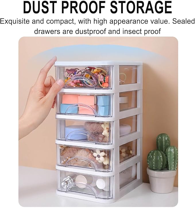 Mini Desktop Drawer Plastic White Frame with Clear Drawers Small Storage Drawers Containers Multi-layer Storage Organization Units for Storing Arts, Crafts, Sewing Accessories, Stationary (5 Layers)