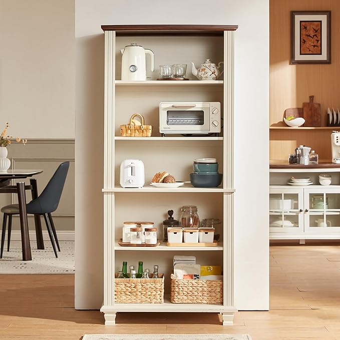 SAVOR LIFE 70" Tall White Bookshelf,5 Tier Wood Book Shelf with Adjustable Shelves & Wood Legs,Free Standing Farmhouse Bookcase with Open Display Storage,Vintage Kids Bookshelves for Nursery,2PCS