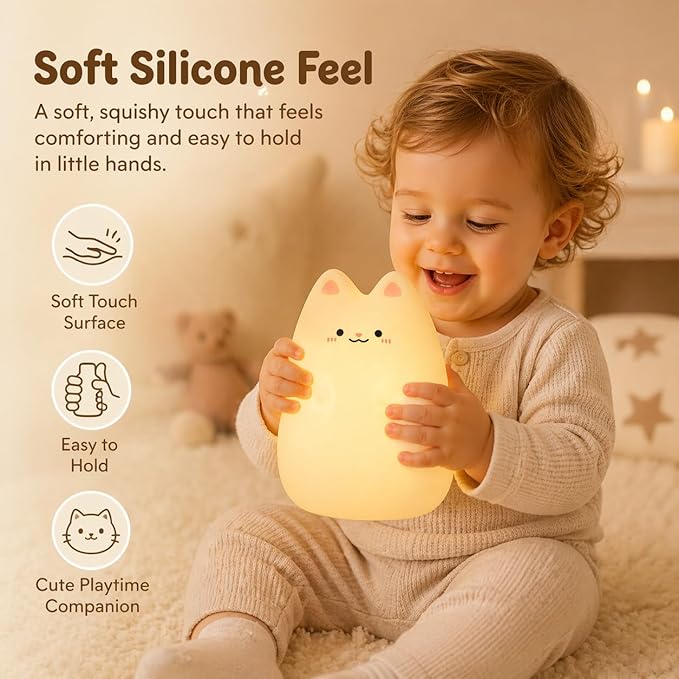 Baby Night Light for Car Seat- Dimming Function 9 Colors Changing Eye Caring Portable Rechargeable & Timing Bedside Lamp Light Up Toddler Bed Room Travel Essentials Squishy Silicone Infant BPA Free