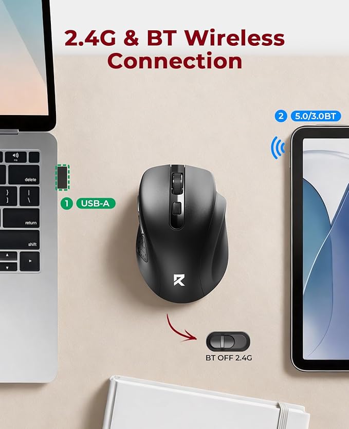 Redragon Wireless Mouse BT5.0/3.0 & 2.4G, 6 Buttons, 5 Level 4000DPI Bluetooth Mouse, 18 Months Battery, Portable Optical Computer Mice for Laptop, PC, Chromebook, Windows, Mac-Black