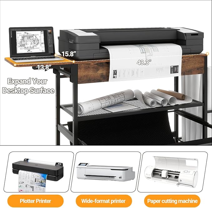Wide Format Printer Stand with Laptop Station, Plotter Workbench Table with Pull-out Drafting Storage, Roll Paper Holder, Accessory Drawer & Adjustable Shelf for Plotters/Cutting Machines (Retro)