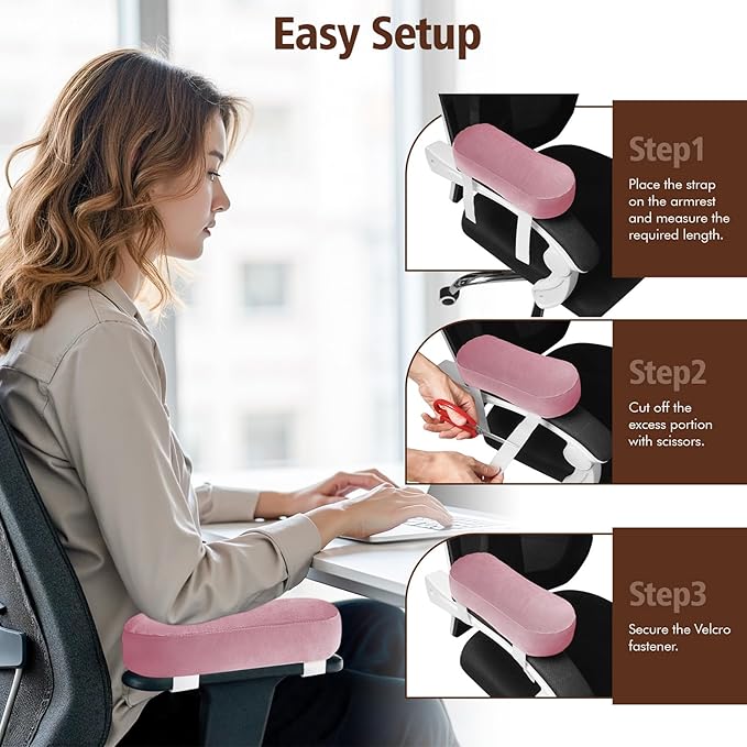 WdFour 2-Pack Non-Slip Armrest Pads for Office & Gaming Chairs - Ergonomic Forearm Support Pillow for Desk, Computer & Wheelchair, Pressure Relief Cushions (Pink)
