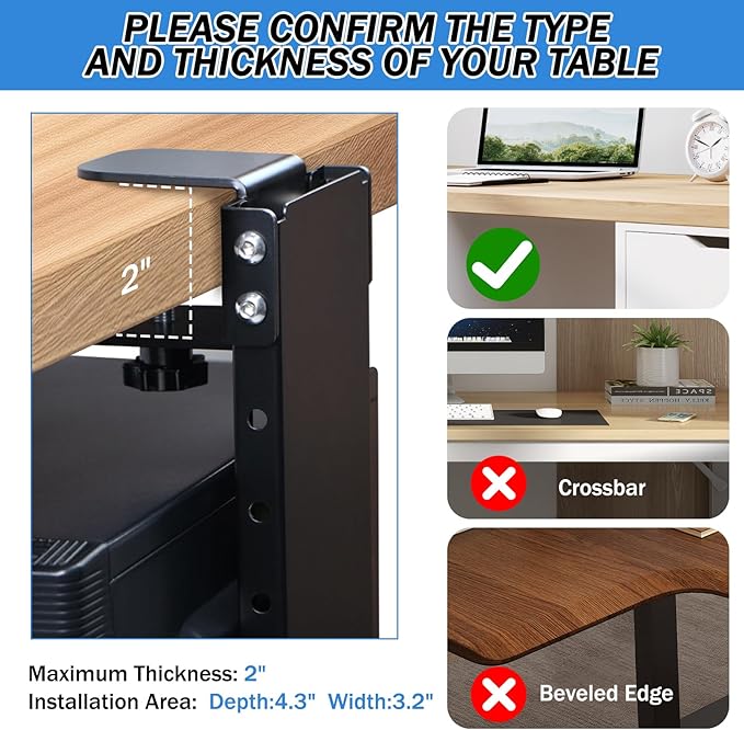 Adjustable Clamp Mount on Desk for PC Tower - No Drilling, Height Adjustable from 13.2" to 21.6", Width Adjustable from 5.5" to 9.8", Heavy Duty Under Desk Computer Mount, Computer Mount for Desk