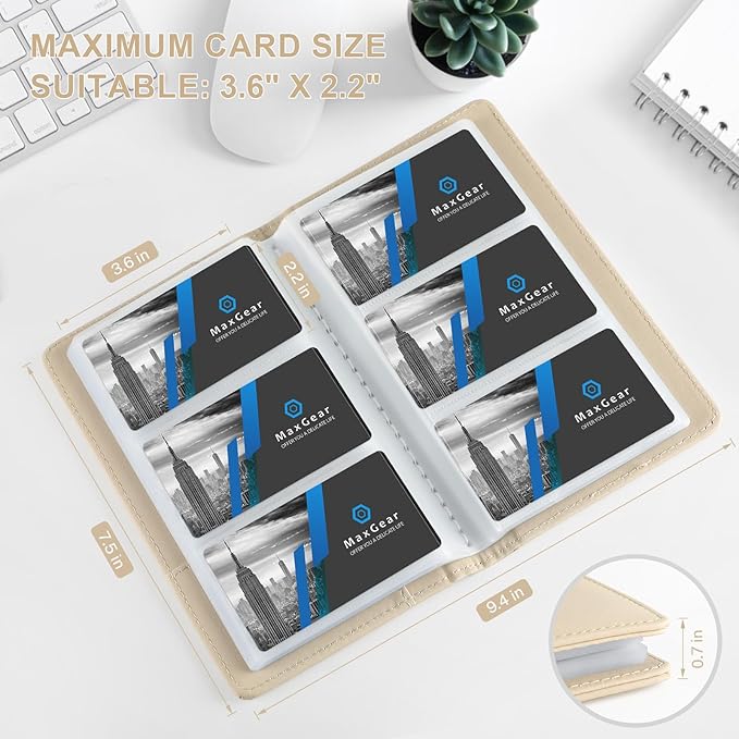 MaxGear Business Card Organizer Book, Holds 240 Cards, Portable PU Leather Business Card Holder with Clear Sleeves, Professional Card Binder for Office, Meetings, Networking, Off-white