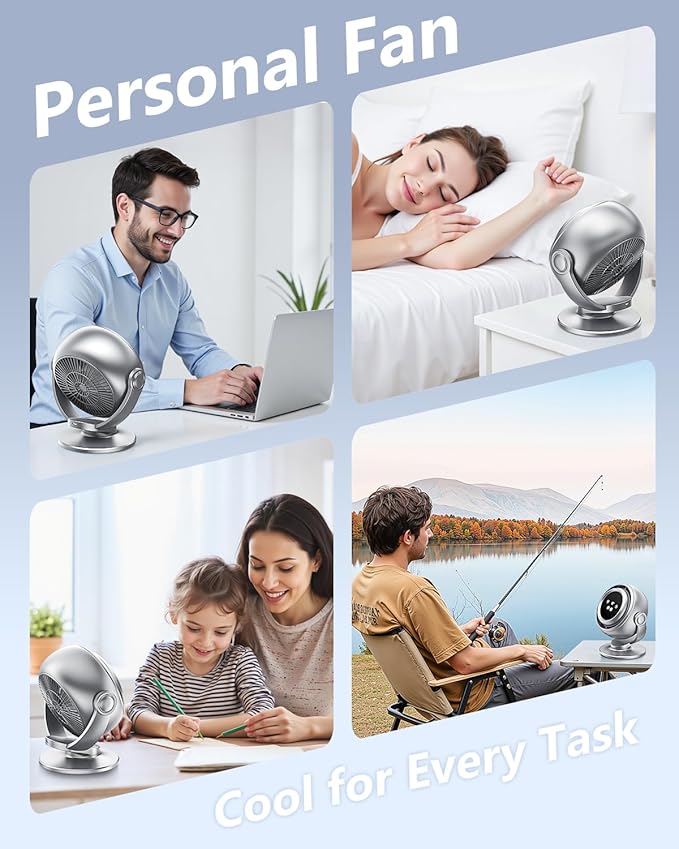 Desk Fan for Office, 90°Oscillating Fan with 6000mAh Rechargeable, 10 Speeds 4H Timer 270°Tilt Adjustment, 28dB Ultra-Quiet Portable Personal Table Fans, Gifts for Christmas Women Men Home