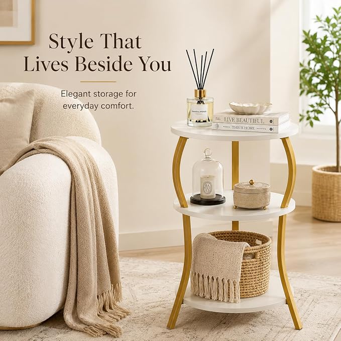 Vintage Small Round Side Table, 3-Tier Slim Waist Circular End Table with Storage Shelf, Compact Tea Sofa Table, Round Corner Coffee Table Nightstand for Living Room Bedroom Small Spaces,White+ Gold