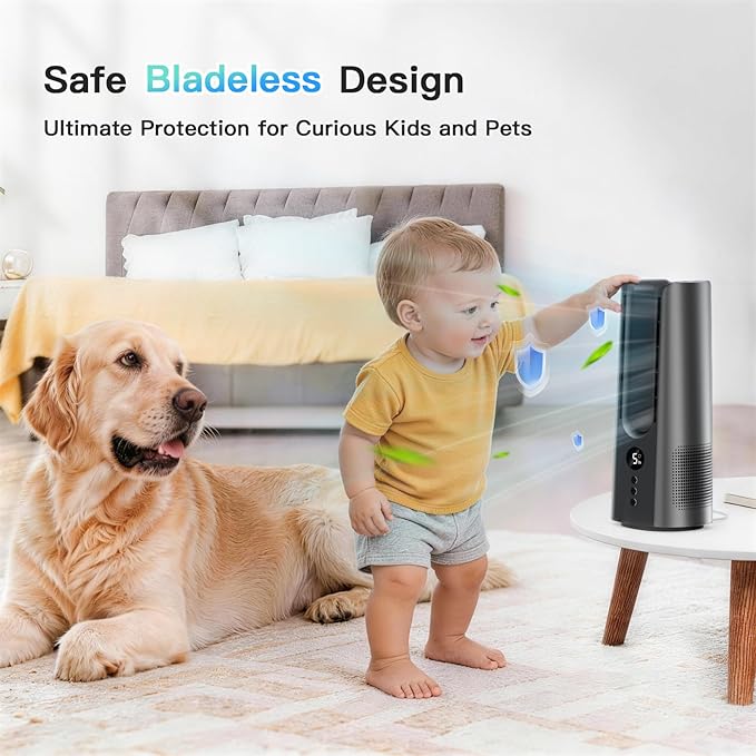 13 Inch Desk Fan, Portable Bladeless Fan, Small Quiet Table Fan with 60°Oscillating, 5 Speeds & 9H Timer, LED Display, Button Control, Easy to Clean, Personal Desktop Fan for Bedroom, Office, Home