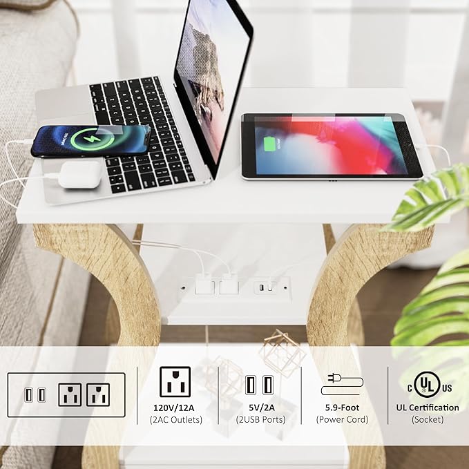 FROMJBEST End Table Set of 2 with Charging Station, Side Table with USB Ports and Outlets, Nightstand, 3 Tier End Table with Storage Shelf for Living Room, Bedroom (White Set of 2)