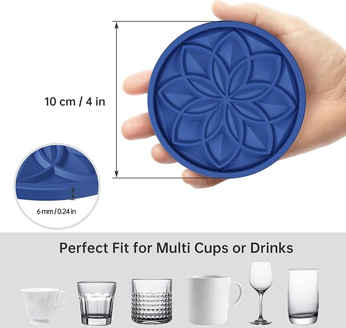 HFHOME Silicone Coasters Set With Holder - 6 Pack for Drinks, Coffee Table, Cup Mat, Desk, Bar - Tabletop Protection Gift - Navy Blue