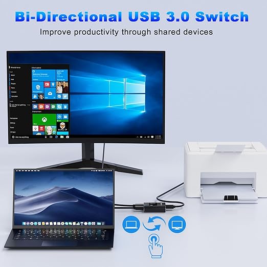 USB 3.0 Switch, Bi-Directional USB Switch 1 in 2 Out/2 in 1 Out, USB Switcher 2 Computers Sharing Devices Like for Printer, Keyboard, Scanner, Mouse, USB KVM Switch Compatible with Mac/Win/Linux