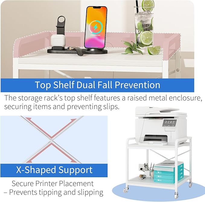 METYERRY Under Desk Printer Stand with Power Outlet,2 Tier Large Printer Table with Adjustable Shelf,Rolling Printer Cart with Industrial Wheels for Home Office,20"×20" White