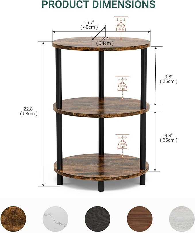 Round Small Side Table - 3 Tier Oval Accent Table for Small Spaces, Rustic Wood and Metal Couch End Table, Nightstand for Bedroom or End Table Living Room, Easy to Assemble, Rustic Brown