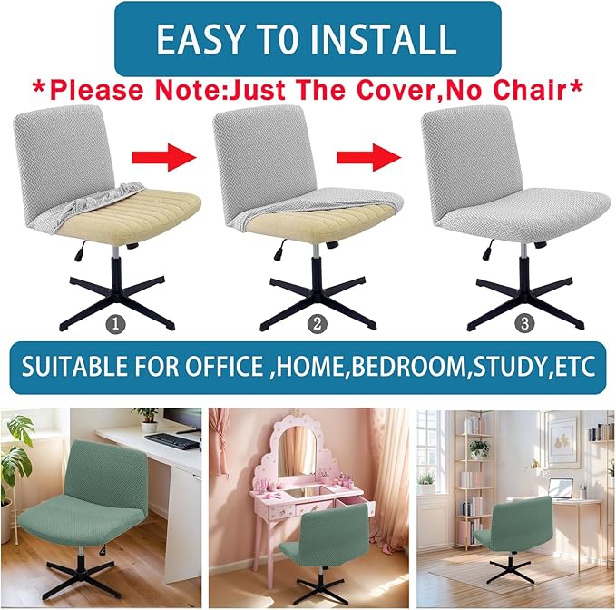 Vanity Chair Cover Criss Cross Chair Cover Waterproof and Elastic Armless Chair Slipcover Armless Chair Covers Office Chair Covers (Green,Just The Cover,No Chair)