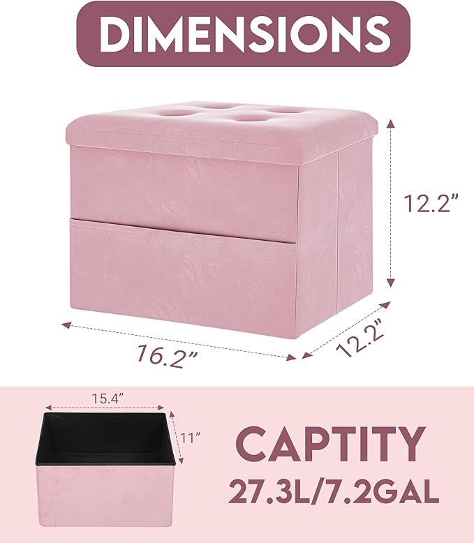 ZOES HOMEWARE Small Storage Ottoman Foot Rest, Velvet Ottoman with Storage and Side Pocket, Pink Foot Rest for Couch, Foldable Footstool Ottoman for Chair,Living Room&Dorm, 16"x12"x12" Pink