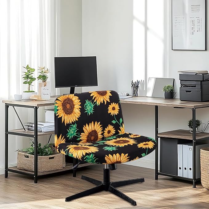Armless Chair Slipcover Stretch Criss Cross Chair Cover, Mid Back Wide Seat Accent Chair Covers,Modern Vanity Chair Cover for Office Desk (Sunflower)