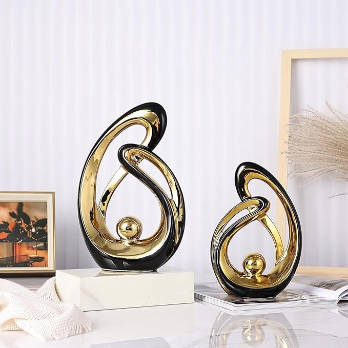 DOVDOV Abstract Ceramic Statue 2 Piece Home Decor Accessory Set, Mid-Century Modern Art Decor and Accessories, Black and Gold Living Room Coffee Table Dining Table Center Foyer Entry Table Decor.