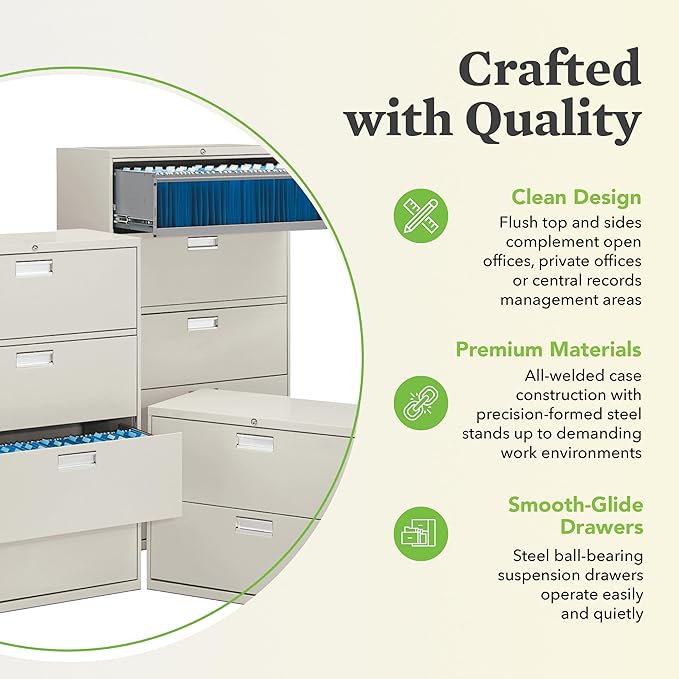 HON 4 Drawer Lateral File Cabinet with Lock, Metal Filing Cabinets for Offices, Adjustable Hangrails for A4, Legal, Letter Files, 18" Deep, Light Gray