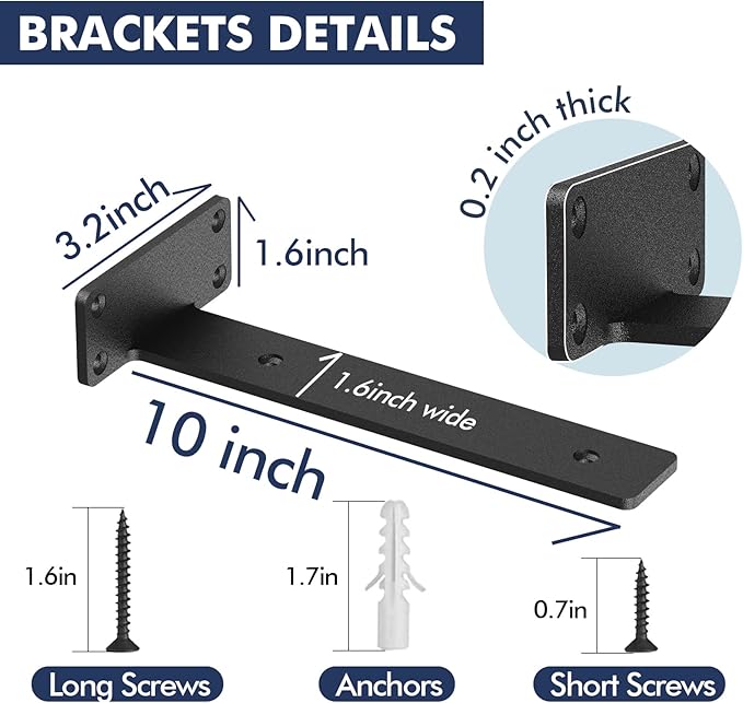 Starunder 6 Pack Floating Shelf Brackets, 10 inch Heavy Duty Industrial Shelf Bracket, Black Metal L Brackets for Shelves Support DIY(1/5 Inch Thicked)