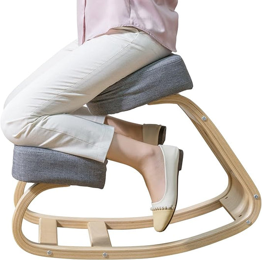 Desky Ergonomic Grey Kneeling Chair – Adjustable Wooden Frame with Cushioned Seat and Knee Pads, Natural Finish, Home Office & Study Support