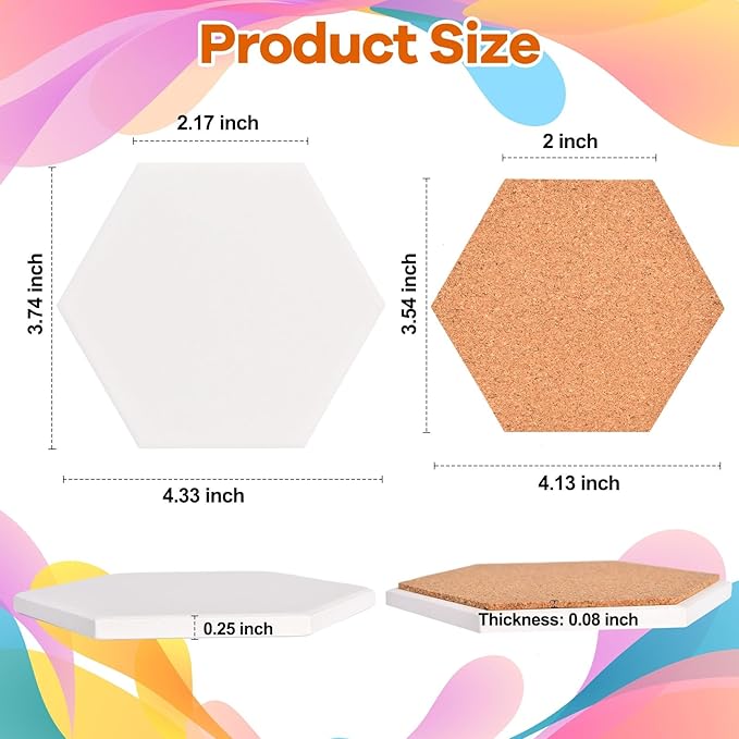 24 Pcs Ceramic Tiles for Crafts White Ceramic Coasters for Crafts with Cork Backing Pads Blank Unglazed Tiles for Painting Alcohol Ink Acrylic Pouring DIY Coaster Hexagon