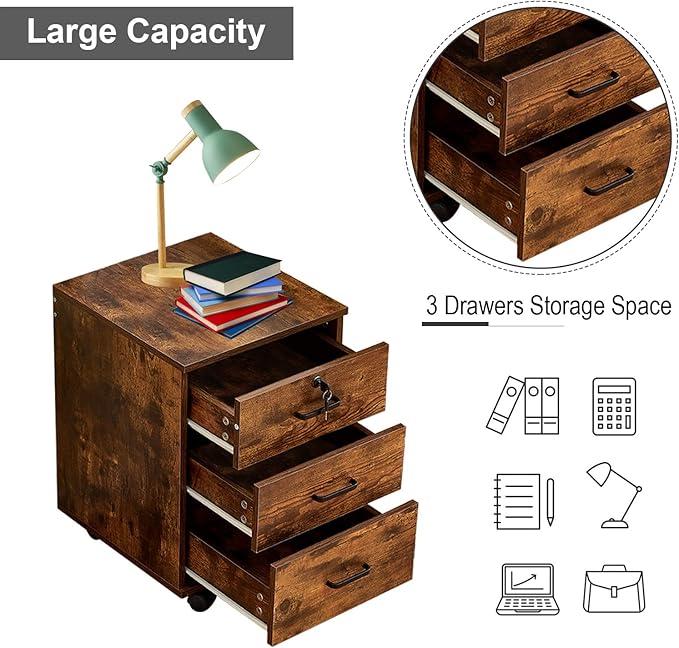 OFCASA 3 Drawer File Cabinet with Lock, Small Rolling Filing Cabinets for Home Office, Wood Under Desk File Cabinet with Wheels, Mobile Storage Organizer, Printer Stand for Letter/Legal, Rustic Brown