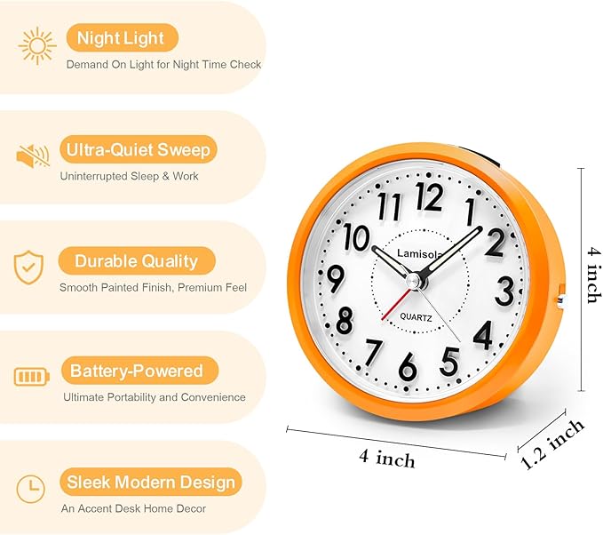 Lamisola Small Desk Clock, Battery Operated Travel Clock, Bright Analog Alarm Clock for Bedroom Home Office Bathroom Kitchen, Silent Large Display- Orange