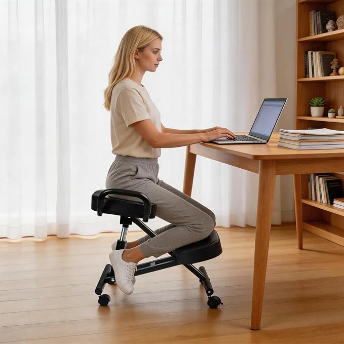 Ergonomic Kneeling Office Chair, Adjustable Postures Chair with Wheels & Extra Thick Cushion, for Study, Meditation & Home Work, Supports Back & Spine, Comfortable for Adults & Students