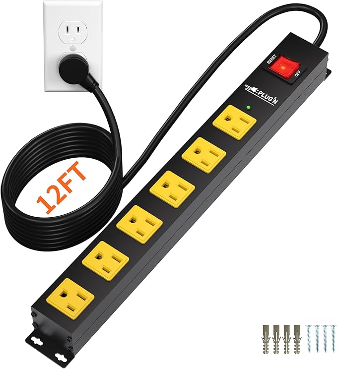 Power Strip 2700J Surge Protector, Heavy Duty Power Strips with 12FT Long Cord and Flat Plug, Wall Mountable Metal 6 Outlet Strip for Desk, Garage, Workbench and Kitchen