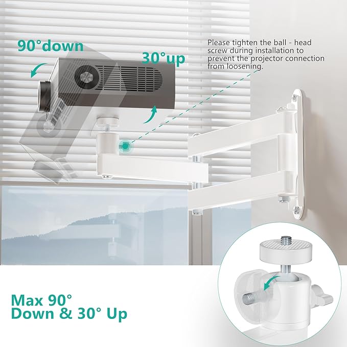 WALI Mini Foldable Projector Wall Mount with 360° Rotating Gimbal, Fully Adjustable Wall/Ceiling Mount Bracket for 1/4" M4 M6 Screw Projectors, Small Projector Holder up to 4.4lbs (1330LM-PMW), White